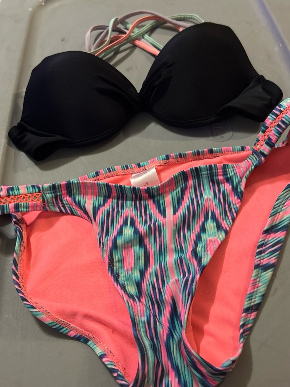 Xhilaration Black Padded Bikini Top with Neon Pink & Teal Patterned Bottom